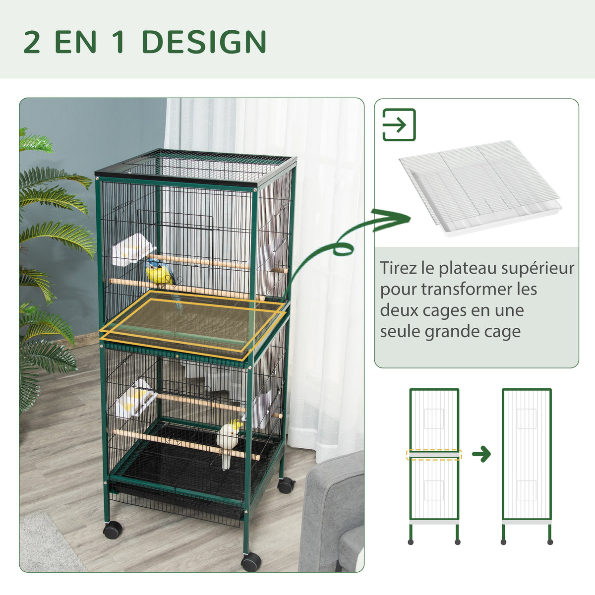 Grote dubbele vogelkooi op standaard met voerbakken, zitstokken, uitneembare lade en wieltjes - Afm. 51,5L x 50B x 140H cm
