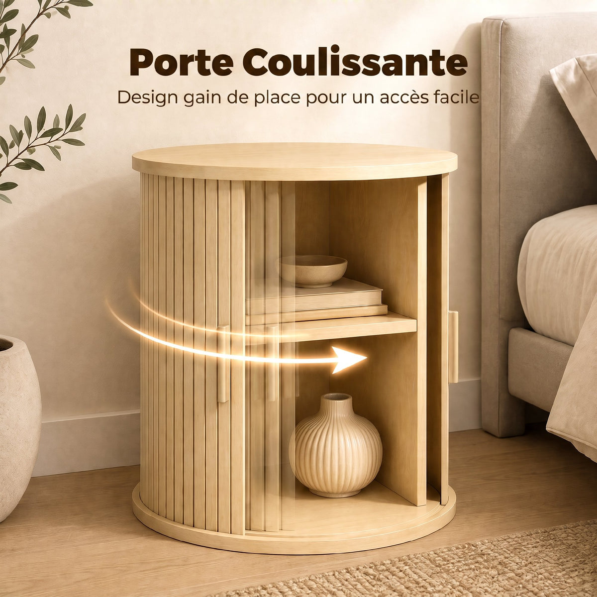Table de Chevet, Table de Nuit Ronde Cannelée avec Porte Coulissante, pour Chambre à Coucher, Salon, 40x40x50cm, Chêne