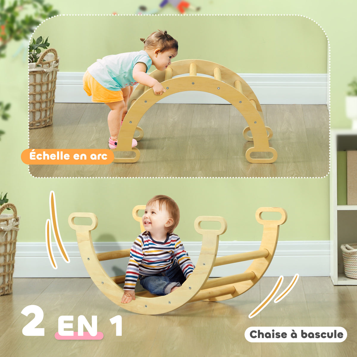 Arche escalade enfants bascule en bois d'intérieur pour garçons & filles, tout-petits de 18 à 48 mois, bois naturel