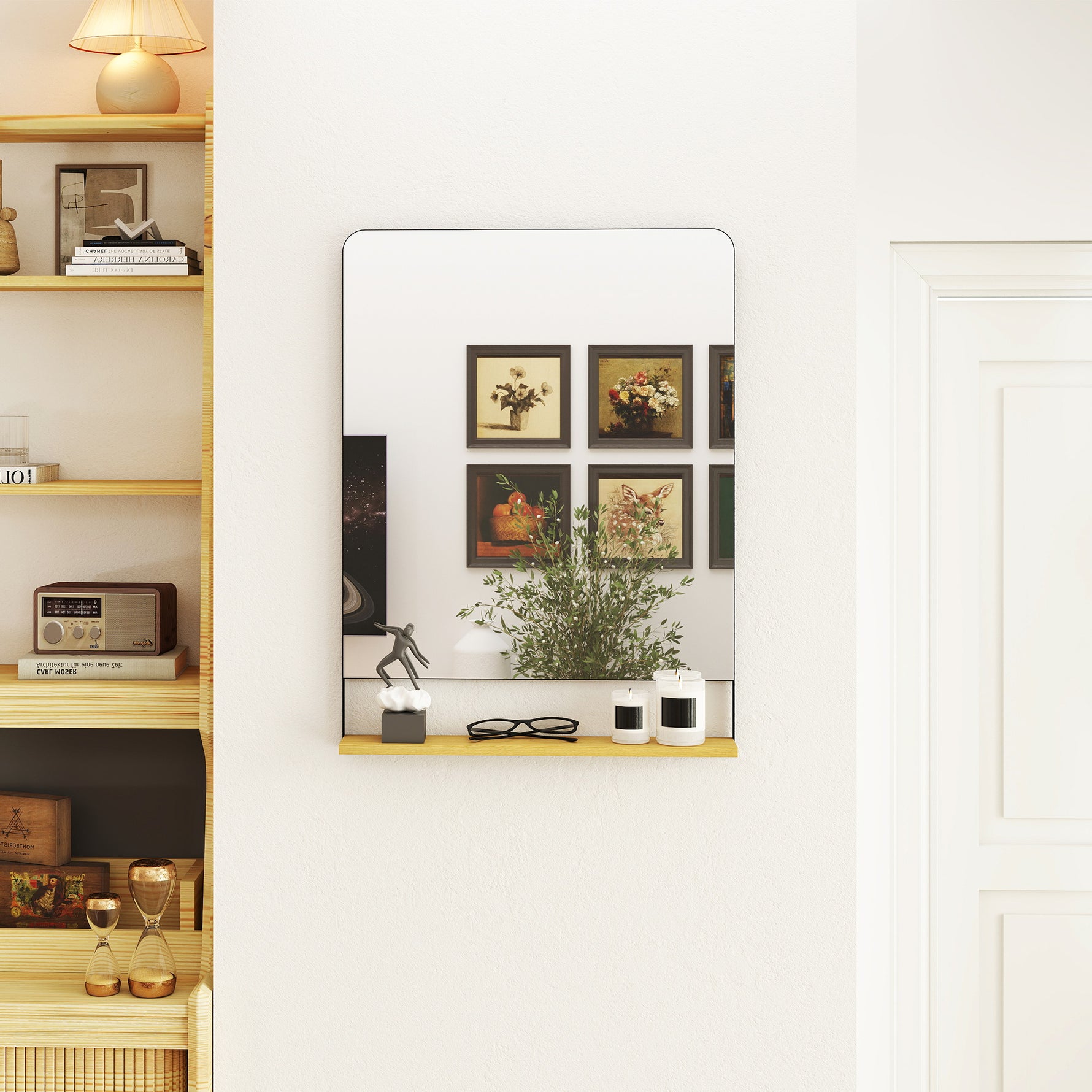 Miroir mural 80 x 60 cm avec étagère en bois, miroir rectangulaire moderne avec cadre en métal, noir
