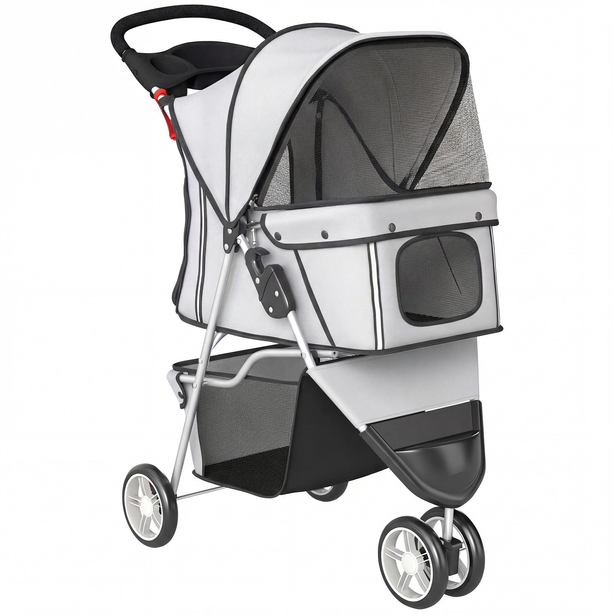 Poussette pour Chien 4 Roues, Chariot Pliable avec Auvent Réglable, Panier de Rangement, 77x44x102cm, Gris