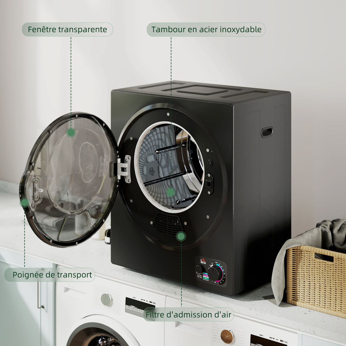 Sèche-linge électrique portable 850W, capacité 33L 4 modes de fonctionnement, acier inoxydable, 49 x 40,5 x 60 cm, noir