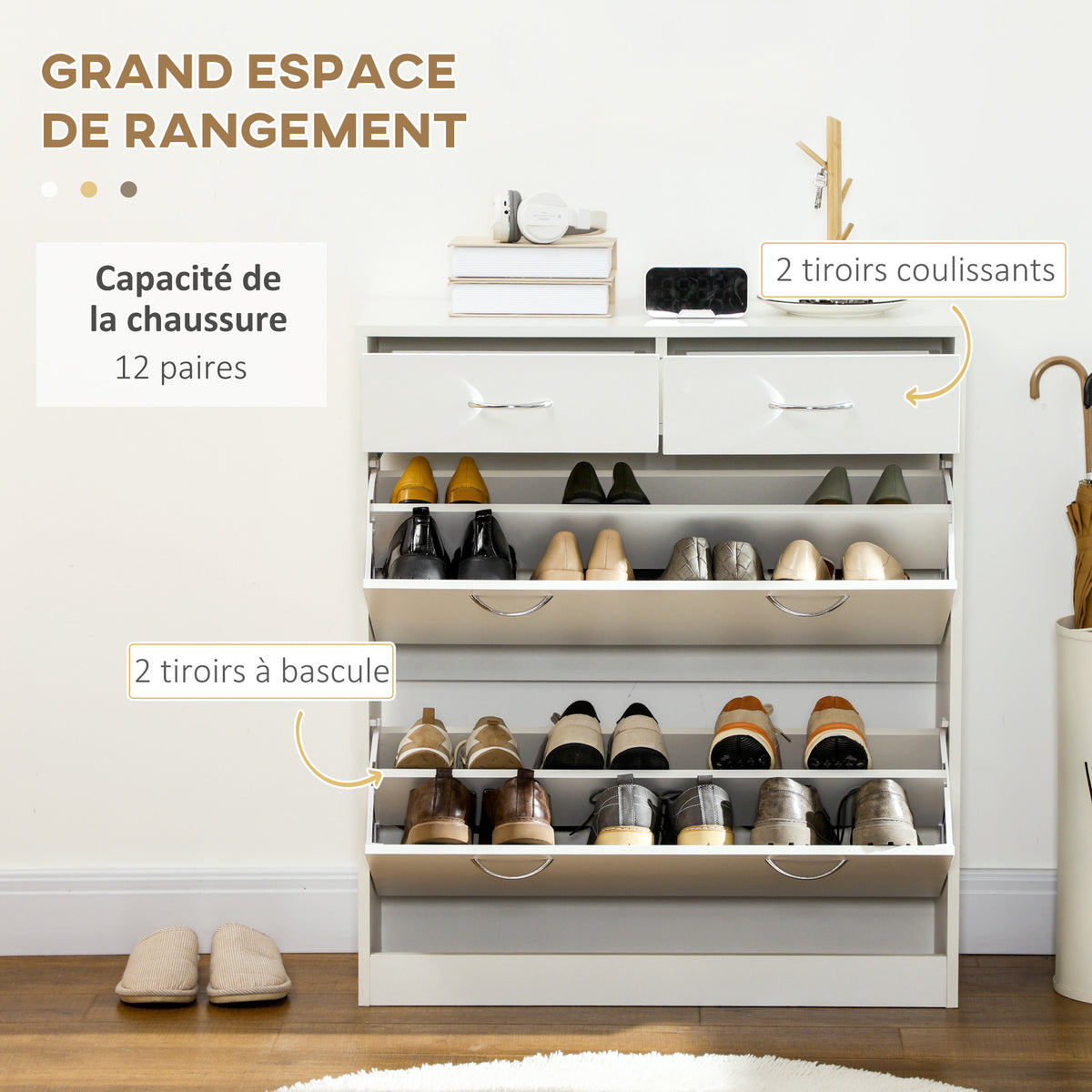 Meuble à chaussures 2 tiroirs et 2 portes abattantes avec étagère réglable 80 x 30 x 91,5 cm poignées alu. naturel