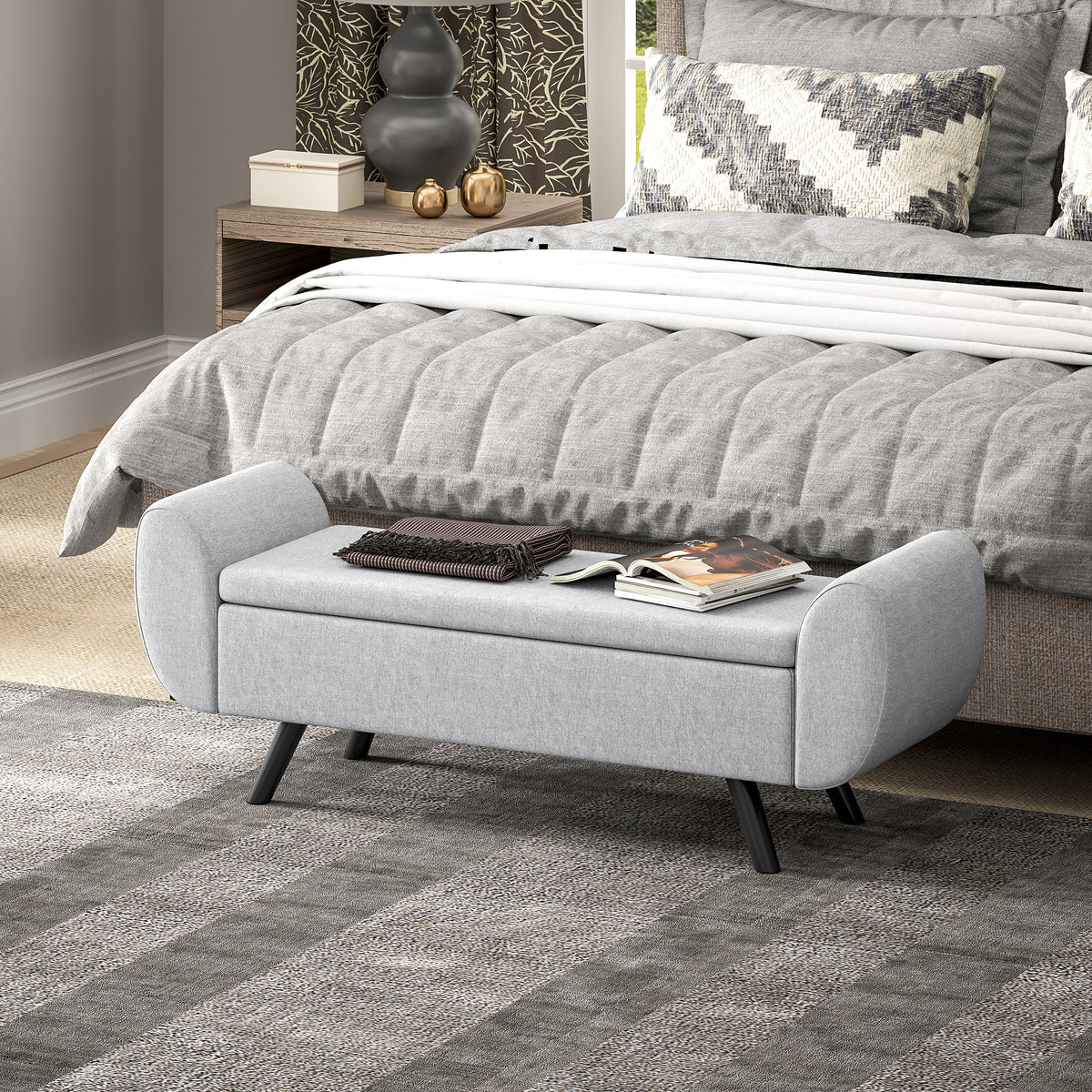 Banc de rangement 53,8L avec siège rembourré en lin et accoudoirs, pour salon, chambre, entrée, 132 x 42 x 50 cm, gris