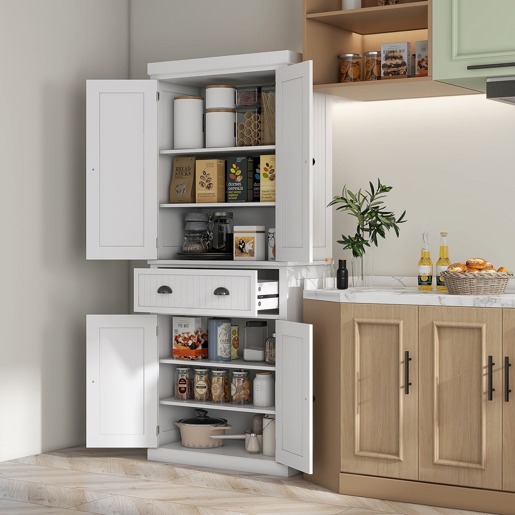 Armoire de cuisine buffet cuisine multi-rangements étagères réglables 4 portes grand tiroir 76,2 x 40,2 x 183 cm blanc