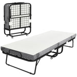 Lit pliant 1 personne 200 x 90 cm avec matelas, lit d'appoint pliable et portable sur roulettes, cadre en acier, blanc