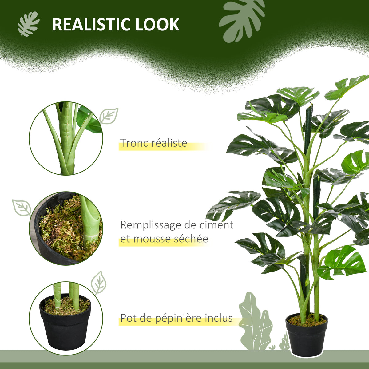 Plante artificielle modèle Monstera avec 21 feuilles en pot ciment, intérieur ou extérieur, dim. Ø16 x 100H cm