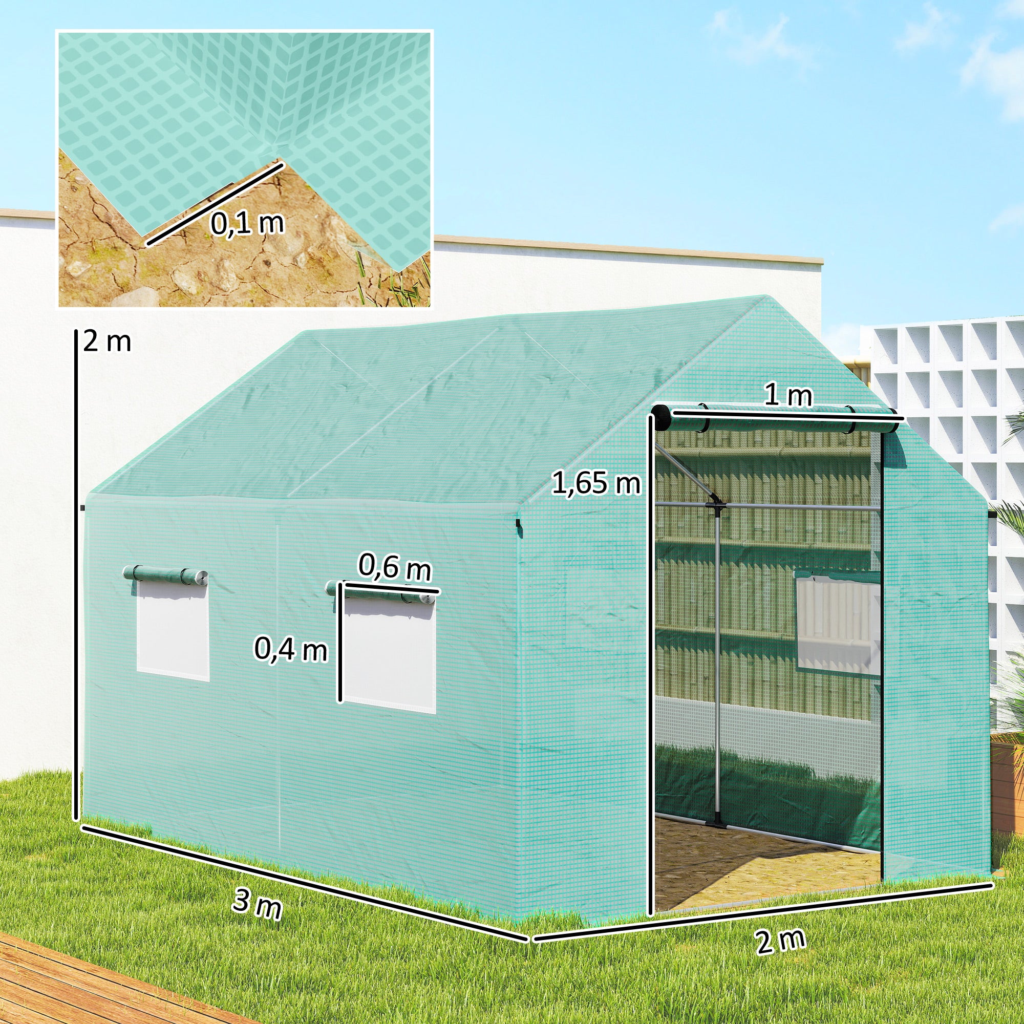 Serre de jardin tunnel 2 x 3m, 6m² avec porte enroulable, 4 fenêtres, - Acier galvanisé PE Haute densité Vert