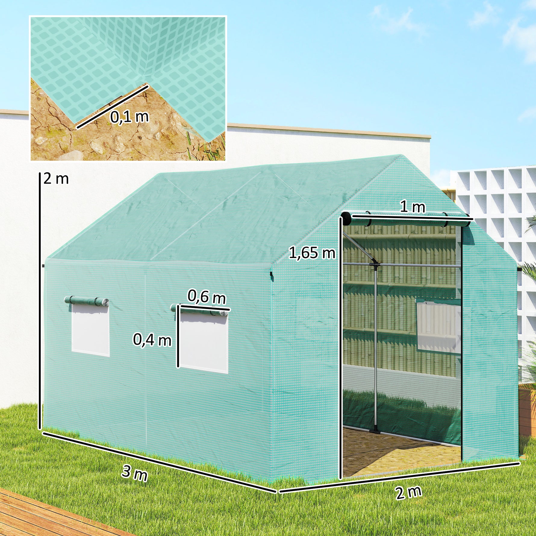 Serre de jardin tunnel 2 x 3m, 6m² avec porte enroulable, 4 fenêtres, - Acier galvanisé PE Haute densité Vert