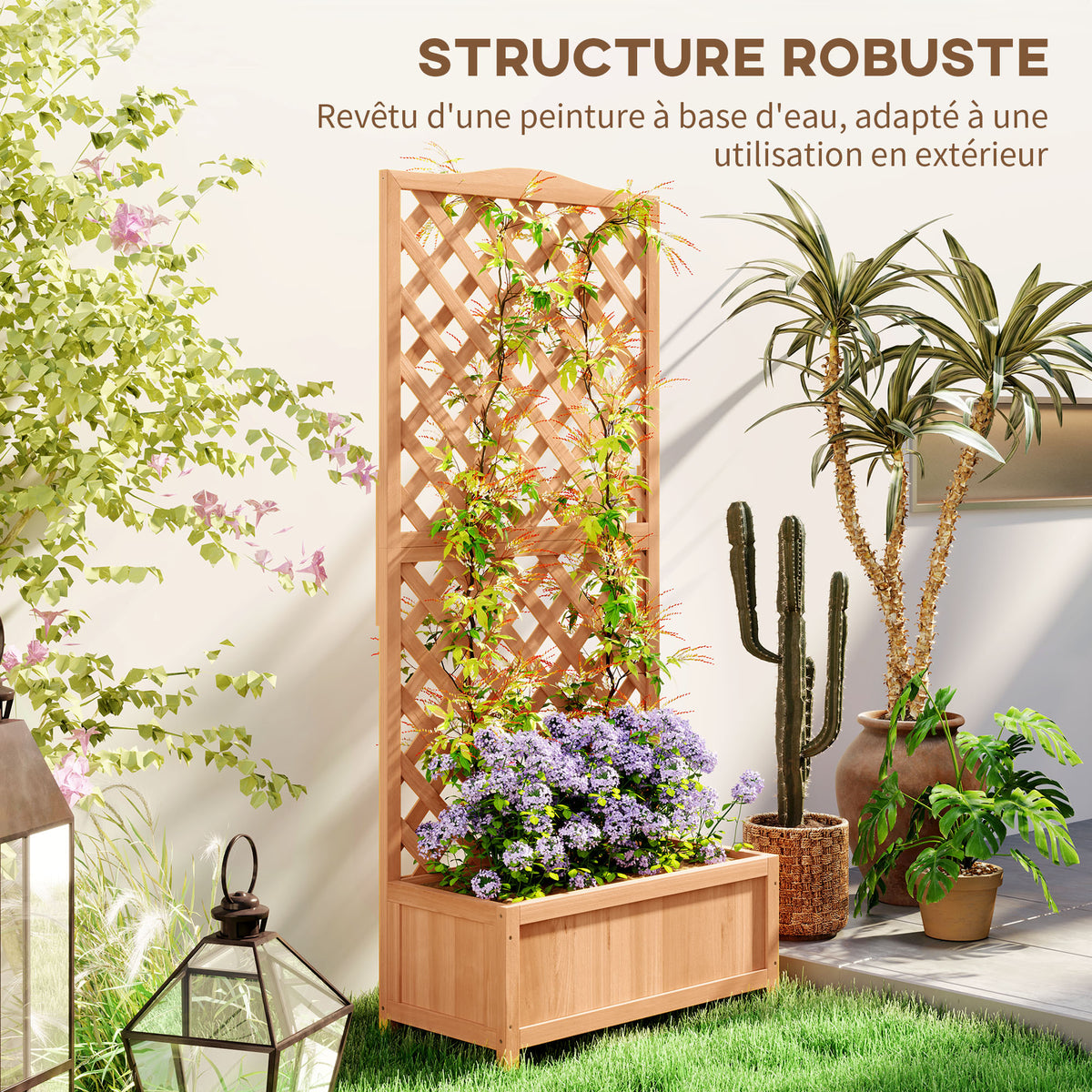 Jardinière avec treillis bac à fleurs avec treillis fond à lattes bois massif 76 x 36 x 170 cm marron