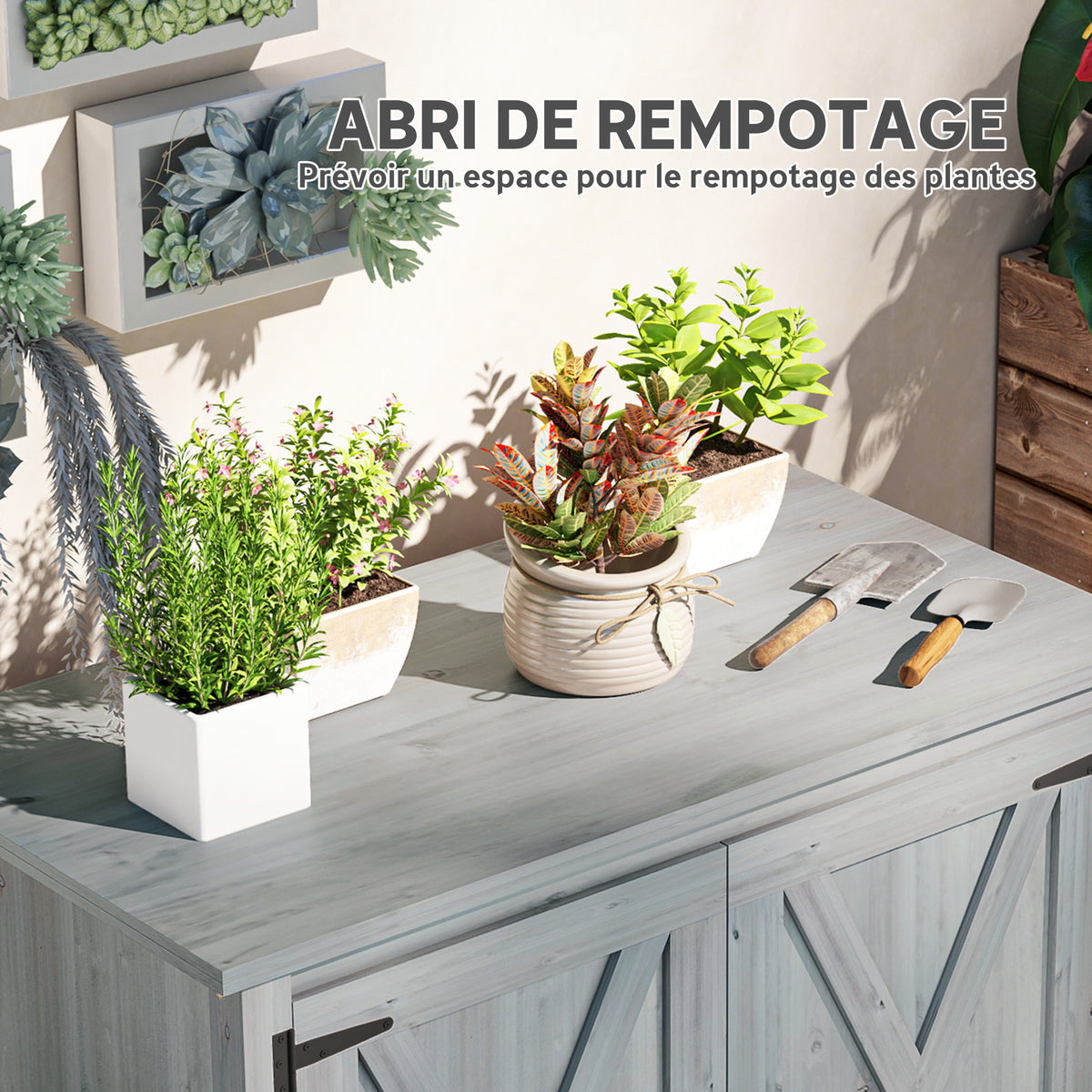 Armoire de jardin en bois, placard de jardin en bois avec étagères et double portes, 110 x 60 x 88,5 cm, gris clair