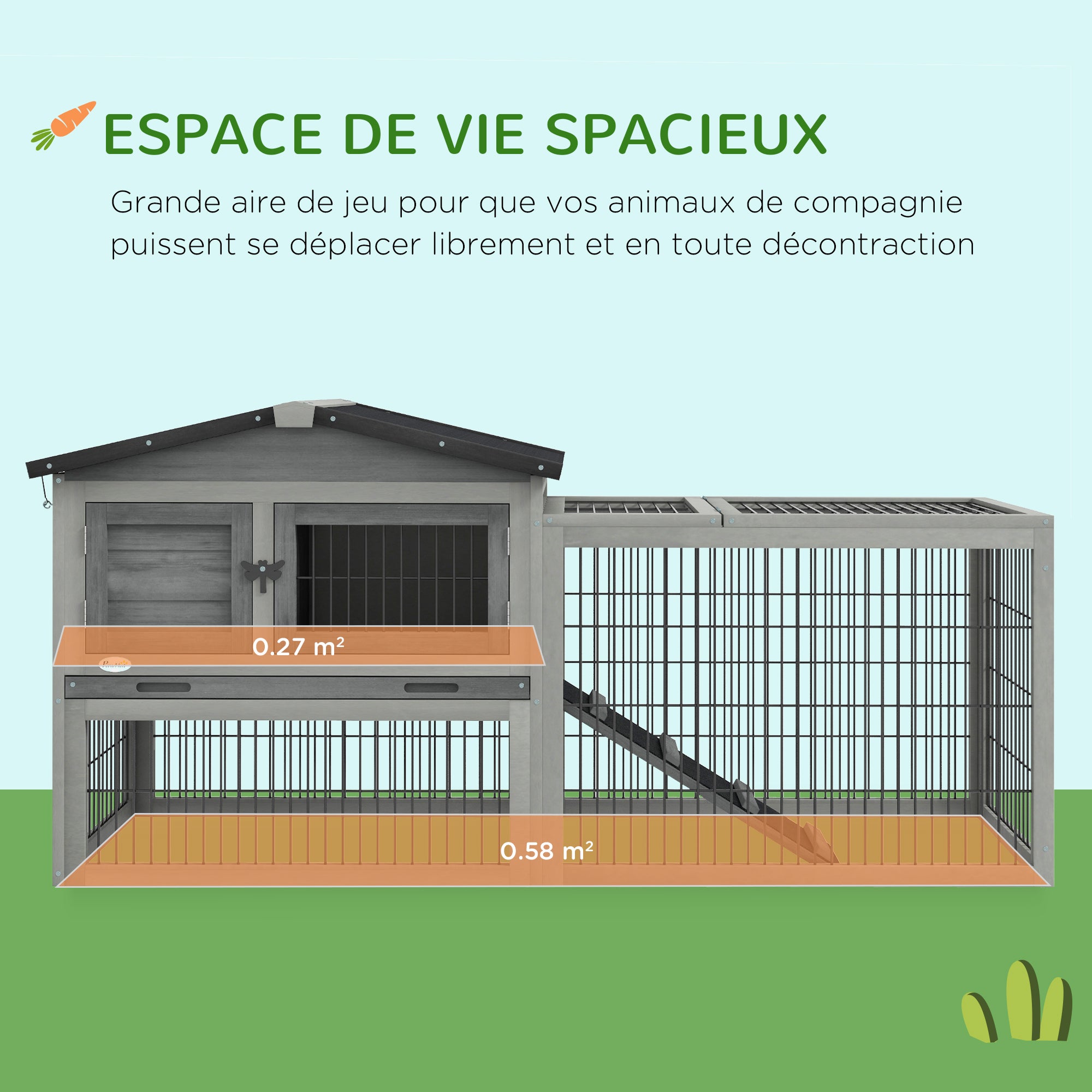 Floor-standing rabbit hutch, cottage style, upper nesting box with ramp, outdoor enclosure, 150 x 52 x 68 cm, grey