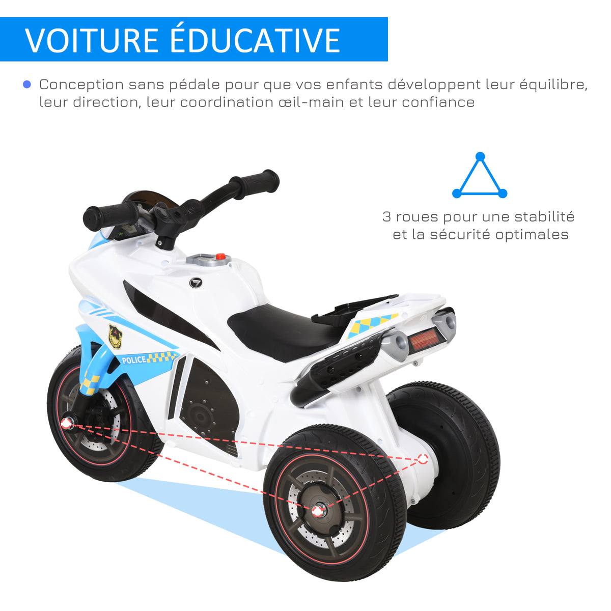 Porteur Enfants Moto de Course Effets musicaux et Lumineux Coffre Rangement Bleu Blanc