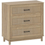 Commode 3 Tiroirs en Rotin, Meuble de Rangement, Chiffonnier, Pieds en Bois Massif, Style Bohème, 76x35x76cm, Chêne