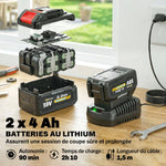 Coupe-Bordures sans Fil 18V, 2 Batteries 4,0 Ah, Chargeur, Coupe 25 cm, Manche Télescopique, 124x32x19cm, Argent