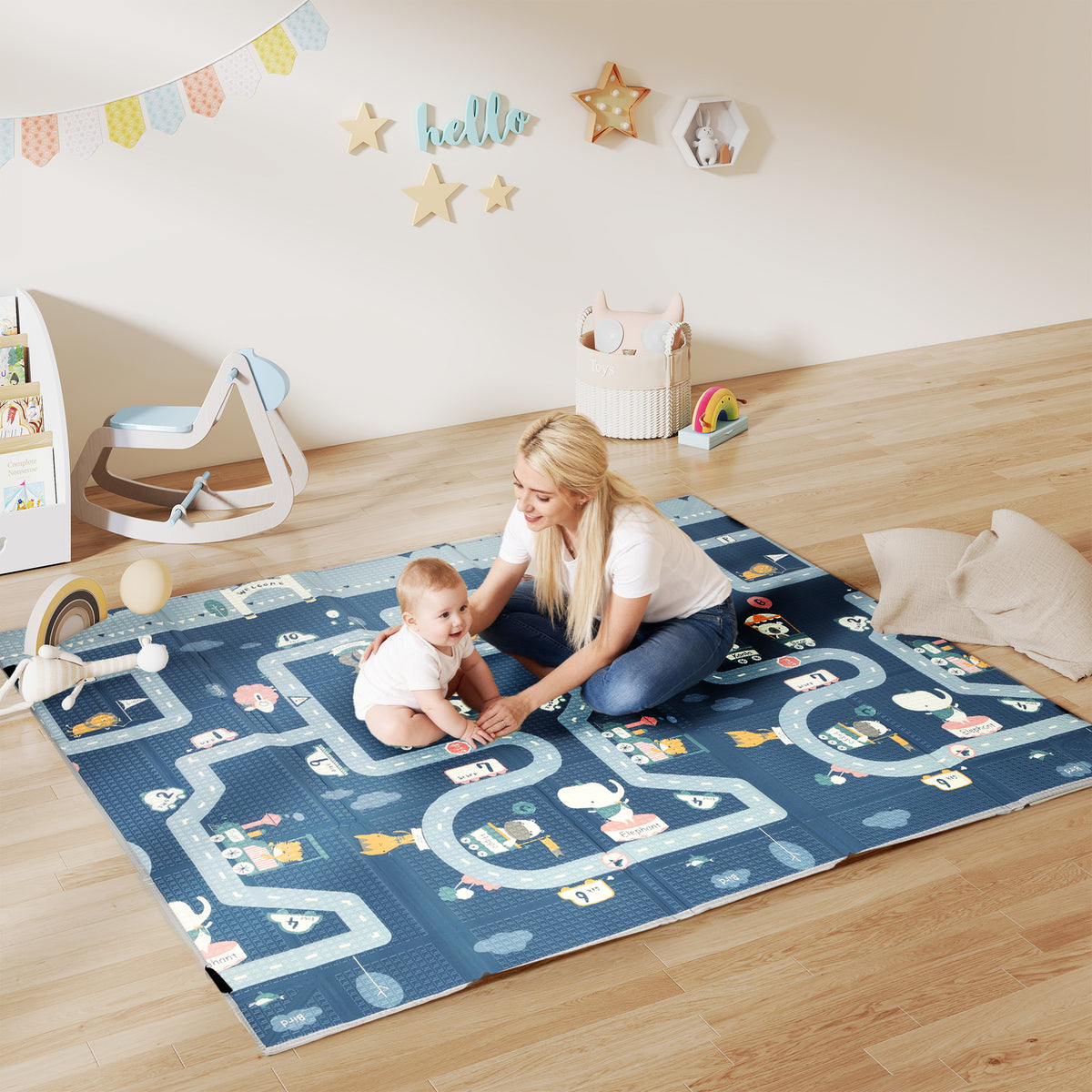 Tapis de jeu pour bébé pliable et réversible, tapis de sol en mousse épais, 202 x 180,5 x 1 cm, multicolore