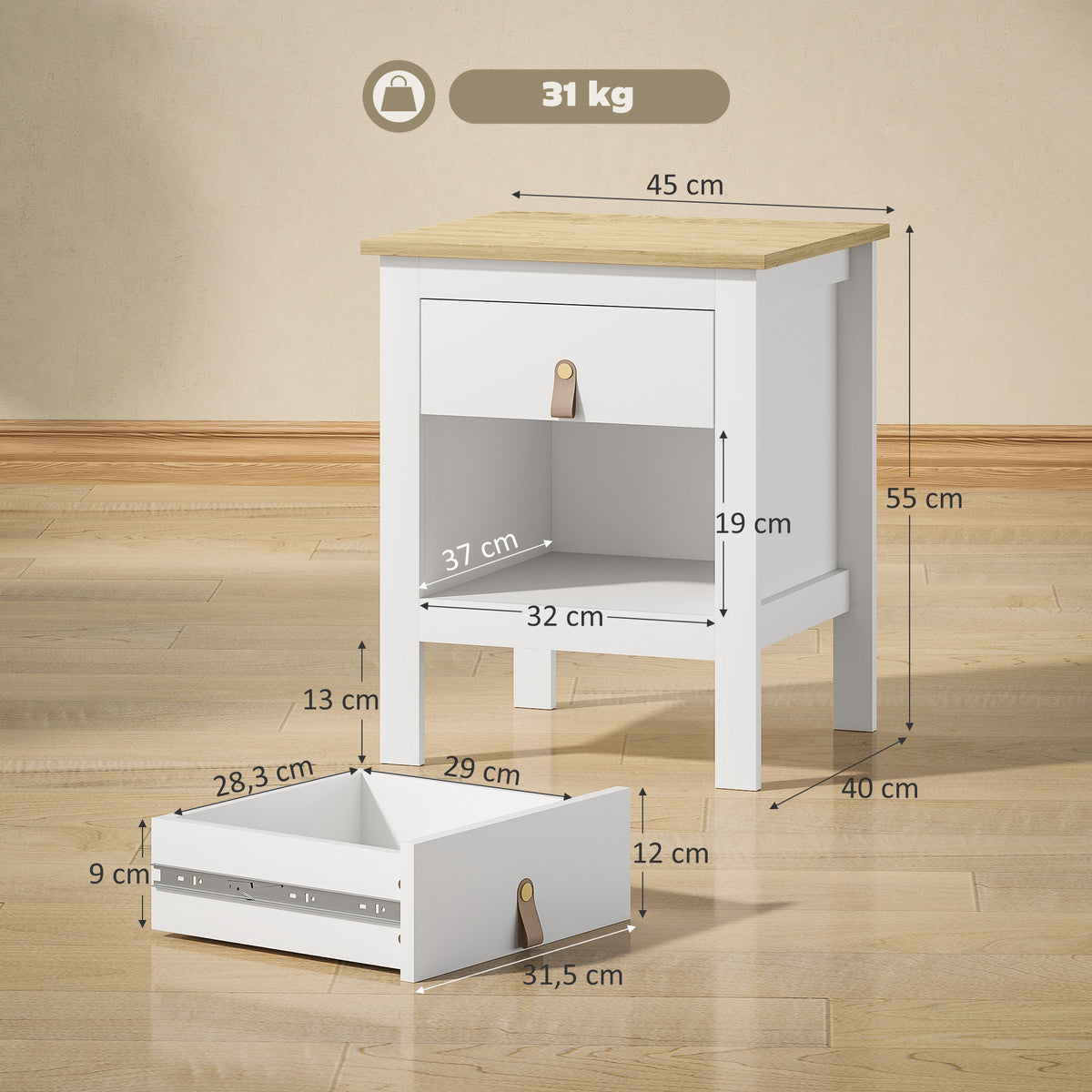 Lot de 2 tables de chevet avec tiroir et compartiment ouvert, 45 x 40 x 55 cm, blanc