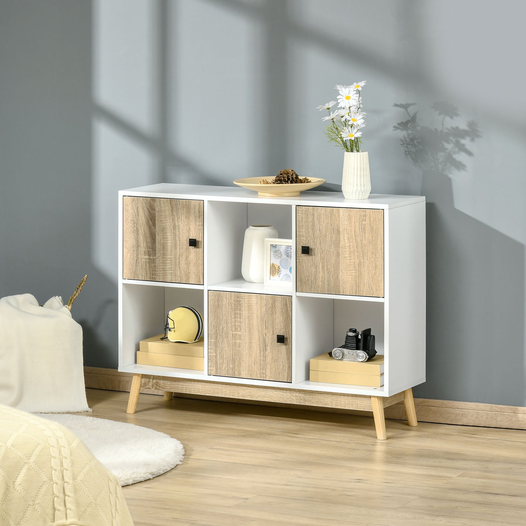 Buffet Salon, Meuble de Rangement 9 Cubes avec 3 Portes et 3 Compartiments Ouverts, Pieds en Bois de Pin, Style Moderne, Buffet Salle à Manger, Cuisine, 96x30x75cm, Blanc et Naturel