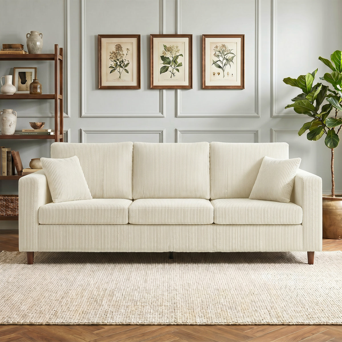 Canapé 3 Places en Velours Côtelé, Canapé de Salon Moderne 225 cm, Assise Large, Coussin à Ressorts, Crème