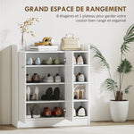 Meuble de rangement à chaussures pour entrée 12 paires - armoire à chaussures avec 4 compartiments ouverts et placard double porte - étagère réglable - 83L x 30l x 90H cm - blanc