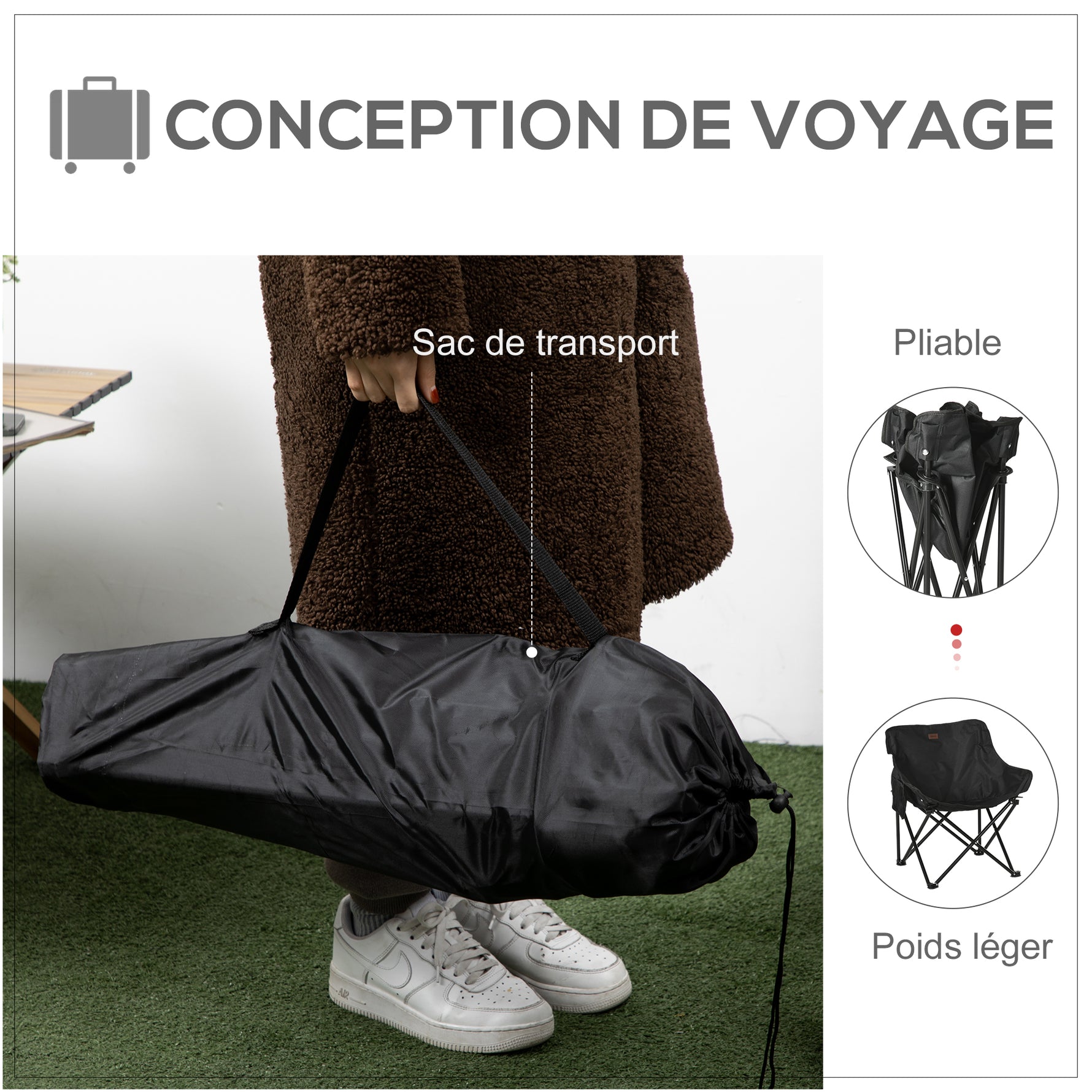 Chaise de camping pliable avec sac de transport et pochette latérale compact ultra légère noir