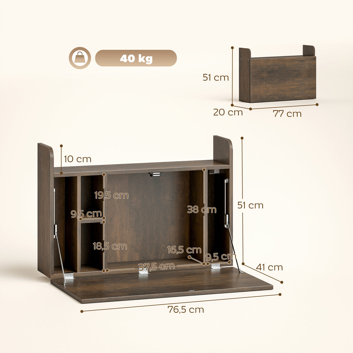Bureau suspendu table murale table d'ordinateur murale et tablette rabattable avec rangements - 77 x 20 x 51 cm
