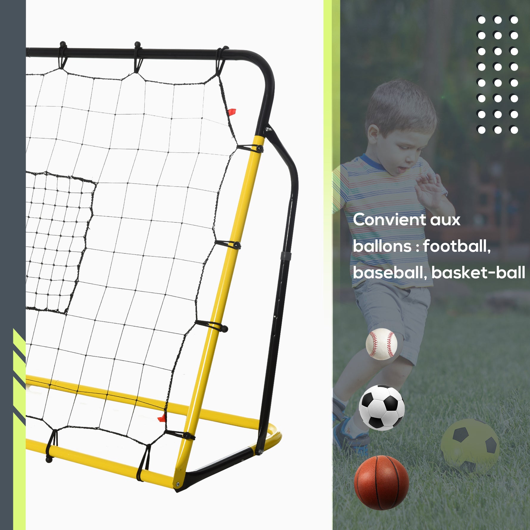Filet de rebond de football, 184L x 123H cm, rebondisseur de football, 5 angles réglables de 60° à 90°,  jaune et noir