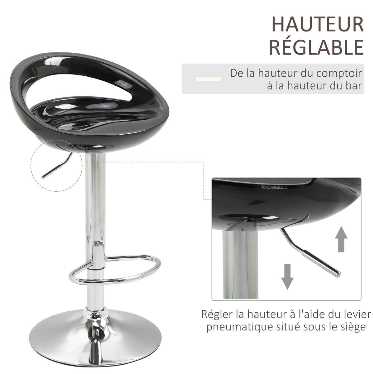 2er-Set Barhocker Barstühle höhenverstellbar mit Rückenlehne und Fußstütze 360° drehbar 46x41x76-96cm schwarz
