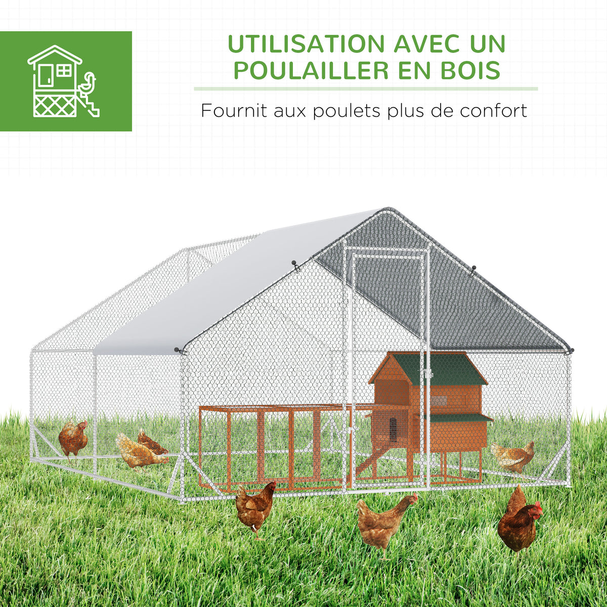 Enclos poulailler chenil volière extérieur 24 m² - Parc grillagé dim. 3L x 8l x 2H m - Espace Couvert - Acier galvanisé