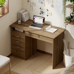 Bureau Informatique avec 5 Tiroirs, 110 x 50 cm, Bureau avec Rangement, Étagère Ouverte, Tiroir Verrouillable, Noyer