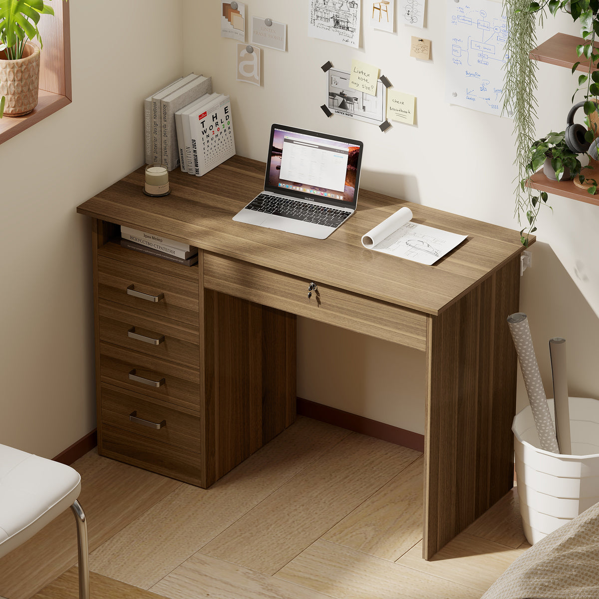 Bureau Informatique avec 5 Tiroirs, 110 x 50 cm, Bureau avec Rangement, Étagère Ouverte, Tiroir Verrouillable, Noyer