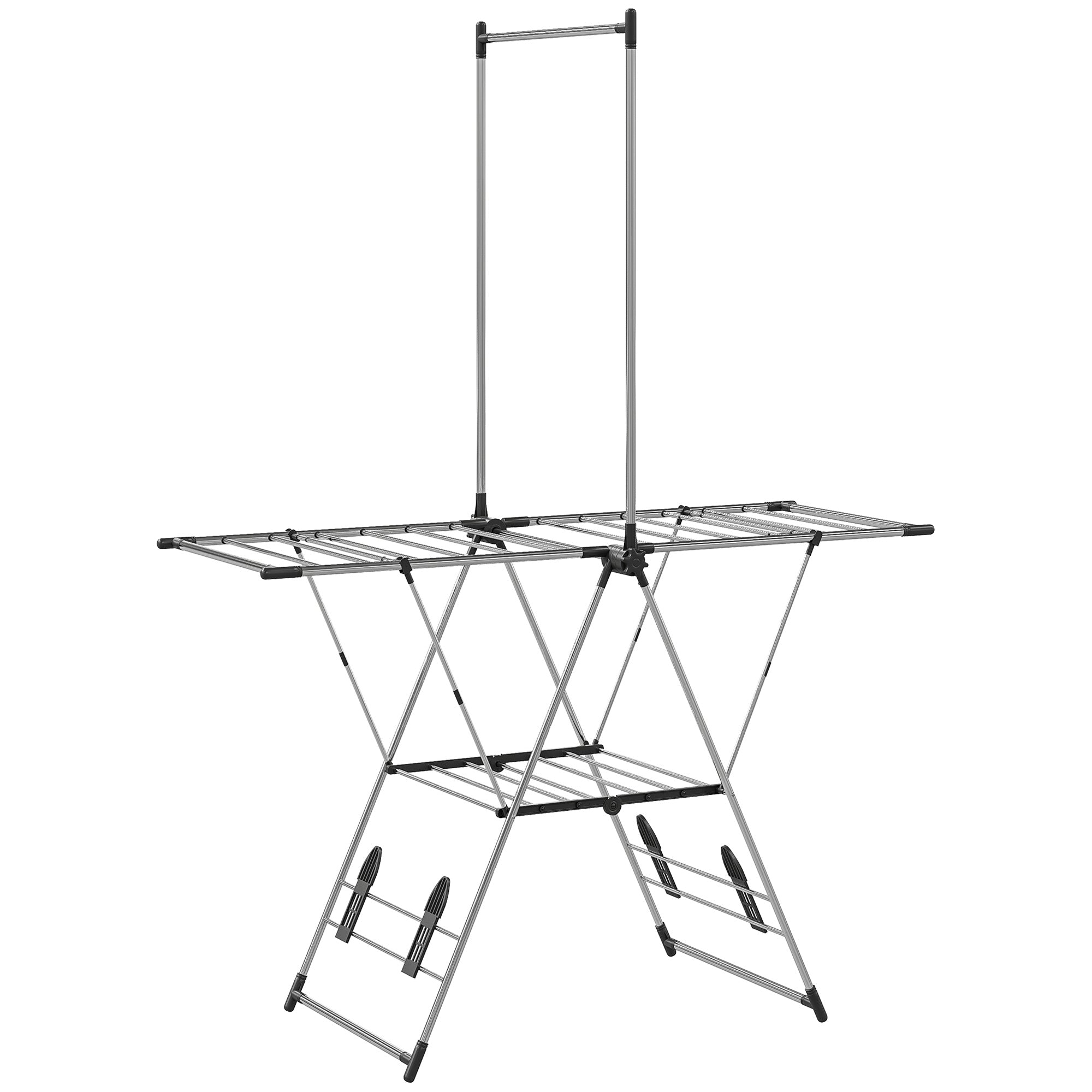 Foldable clothes drying rack, 5-level adjustable wings, 4 shoe racks, stainless steel, silver