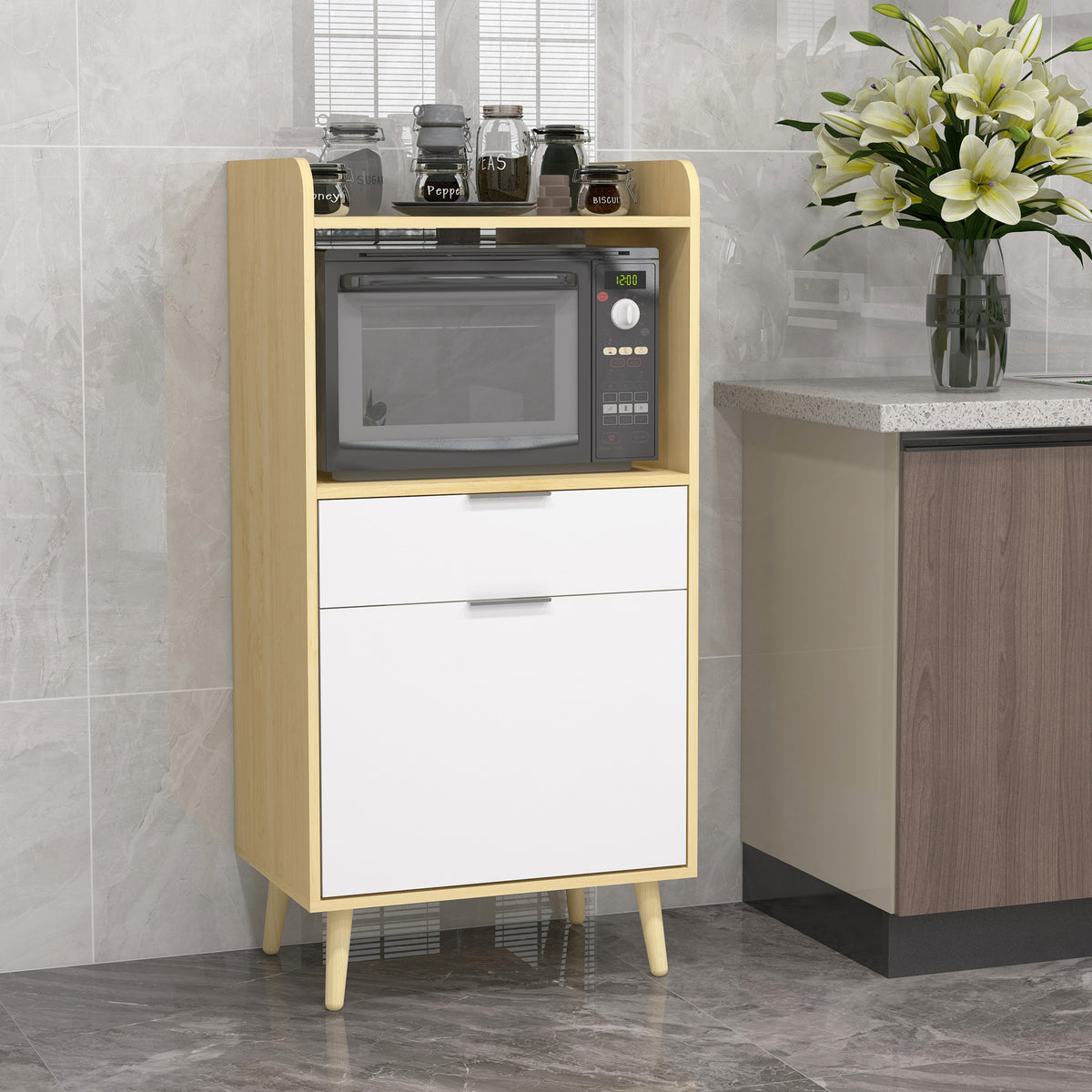 Meuble desserte de cuisine pour micro-ondes avec placard tiroir étagère réglable 58 x 40 x 118 cm naturel et blanc