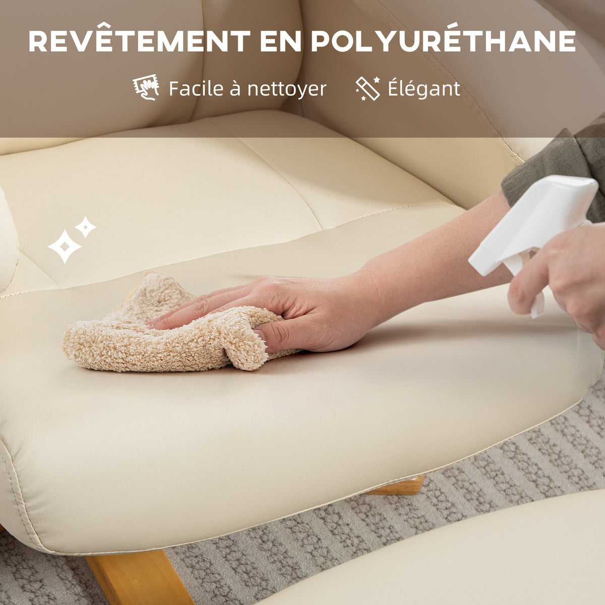 Fauteuil relax avec repose-pied fauteuil de relaxation pivotant 360° dossier inclinable charge 120 Kg crème