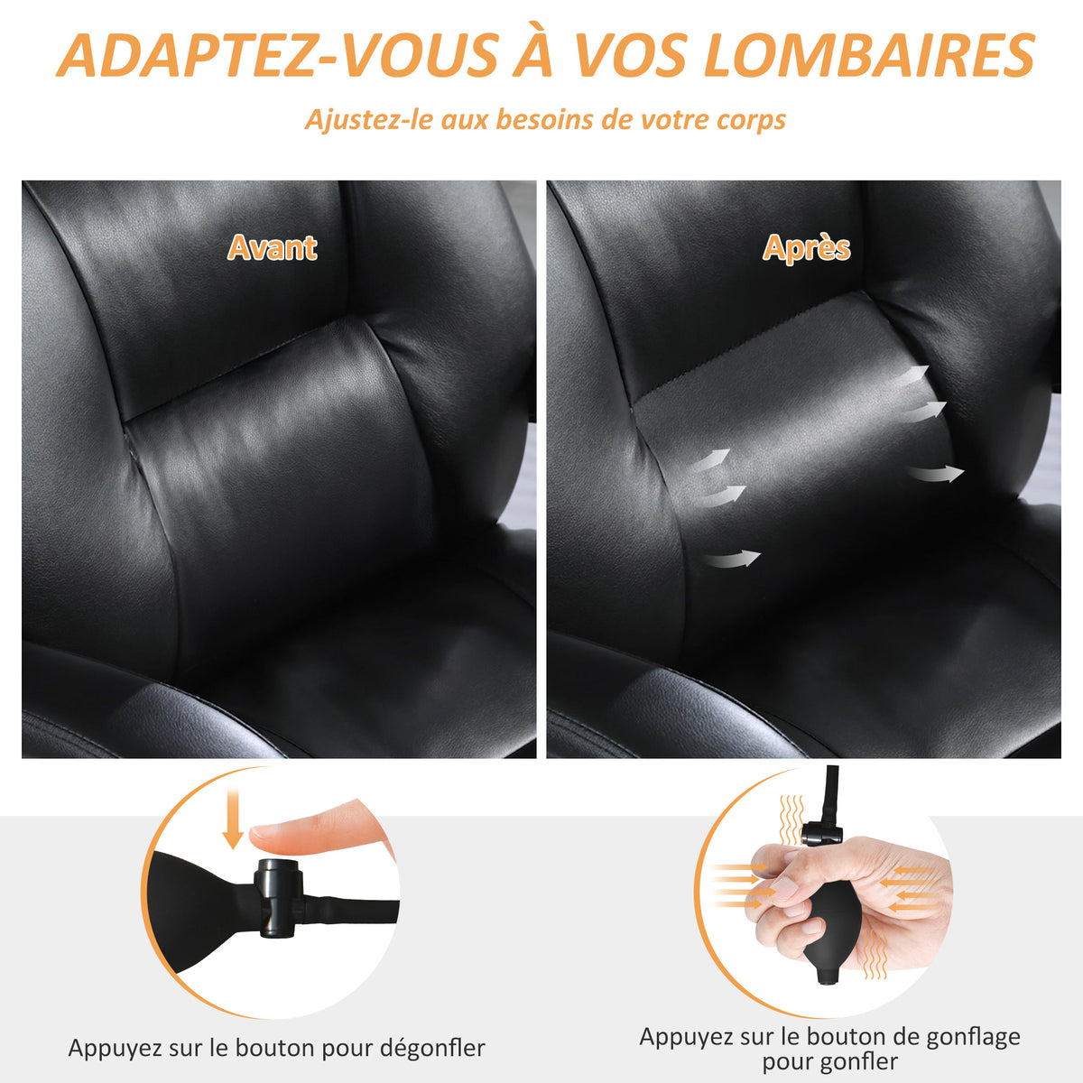 Chaise bureau ergonomique fauteuil de bureau en PU soutien lombaire gonflable dossier inclinable hauteur réglable noir