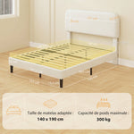 Cadre de Lit 140x190cm avec Sommier, Tête de Lit Réglable, Lit Double Rembourré en Velours Teddy, Lattes en Métal, Blanc