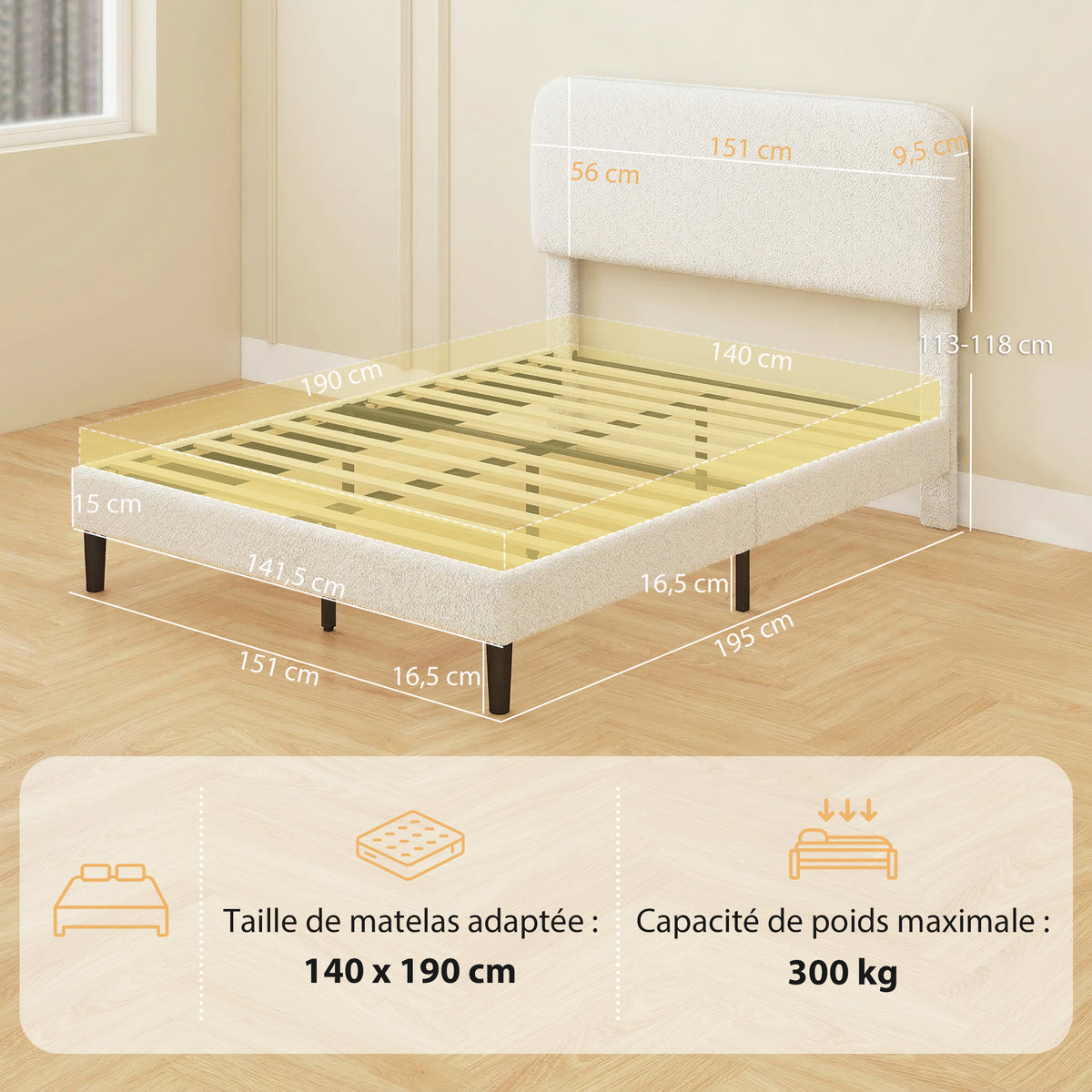 Cadre de Lit 140x190cm avec Sommier, Tête de Lit Réglable, Lit Double Rembourré en Velours Teddy, Lattes en Métal, Blanc