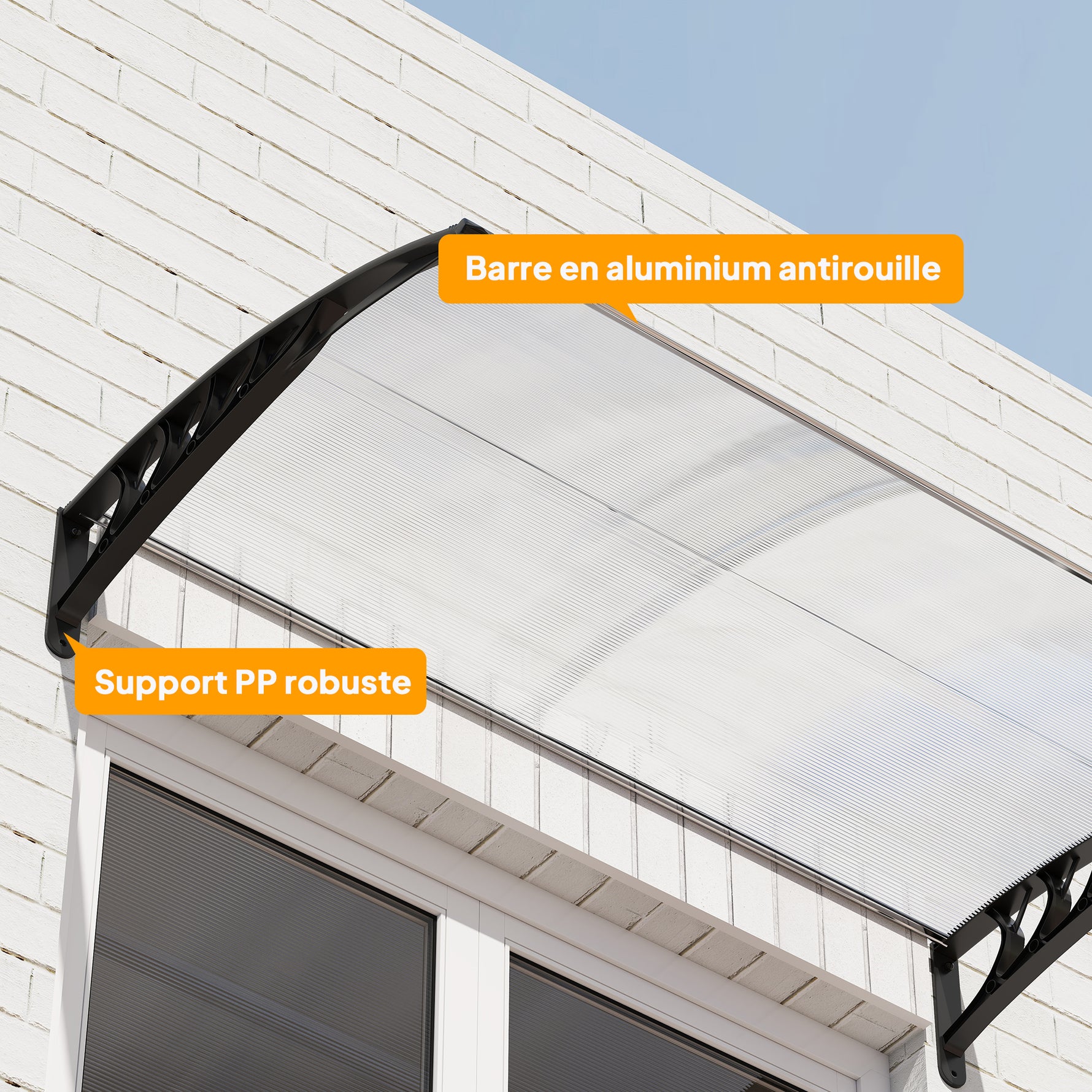 Auvent de porte d'entrée toit marquise en polycarbonate protection contre pluie neige UV 0,9 x 1,5 m, transparente