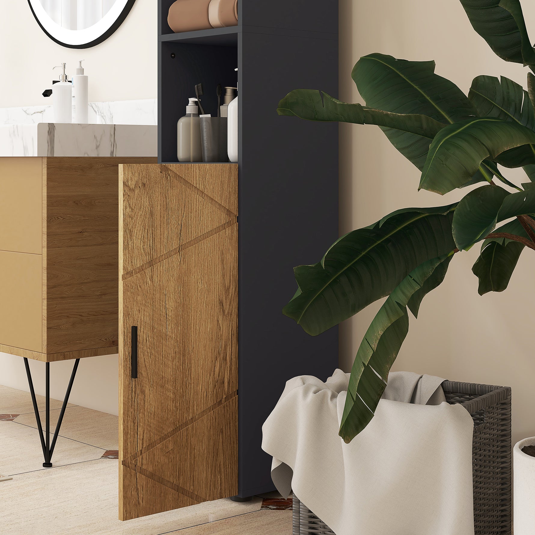 Meuble colonne armoire rangement salle de bain 2 portes étagère réglable 2 niches 30 x 30 x 183 cm chêne gris foncé