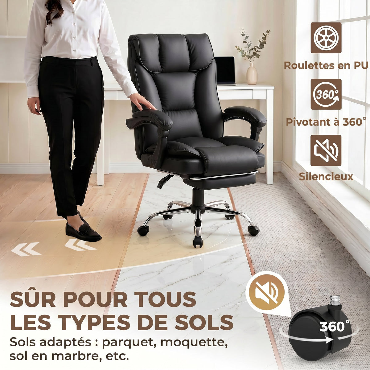 Chaise de bureau ergonomique, fauteuil de bureau inclinable avec repose-pieds, hauteur réglable, pivotante 360°, noir