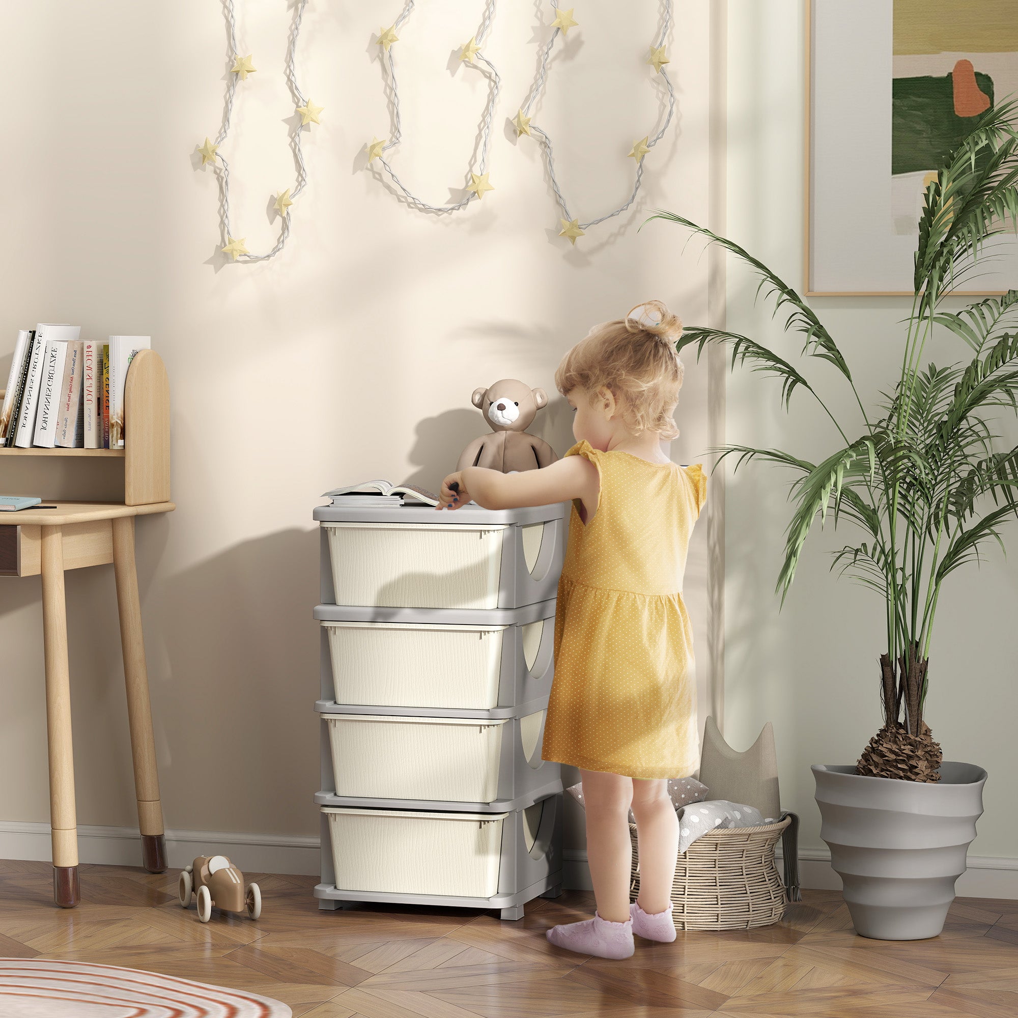 Organisateur de jouets pour enfants avec 4 tiroirs à 4 niveaux, boîtes de rangement en plastique, 37 x 37 x 76 cm, crème