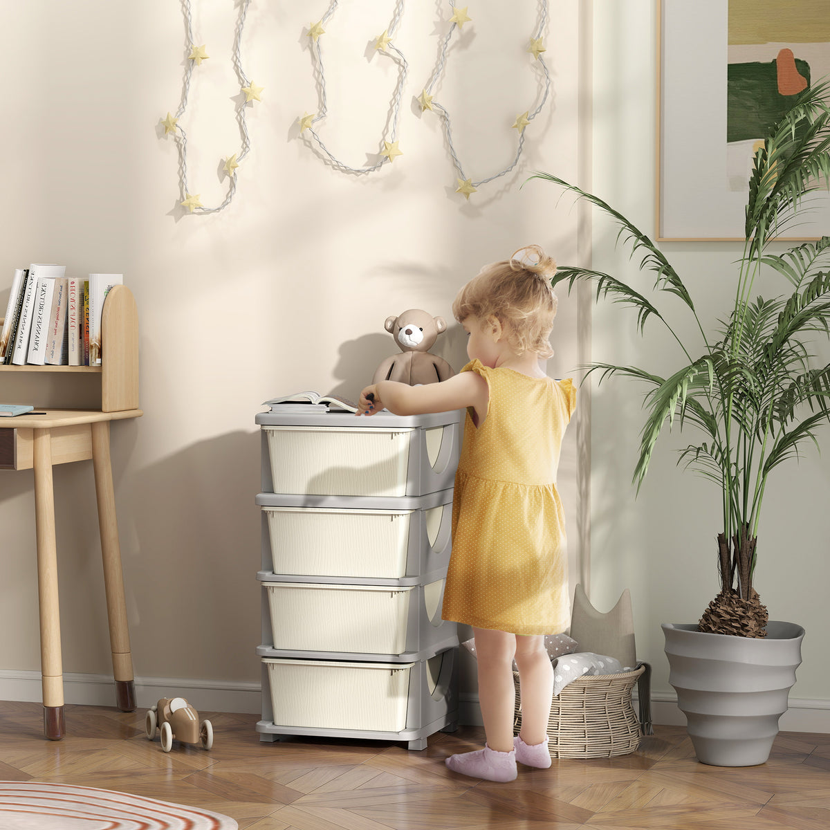 Organisateur de jouets pour enfants avec 4 tiroirs à 4 niveaux, boîtes de rangement en plastique, 37 x 37 x 76 cm, crème