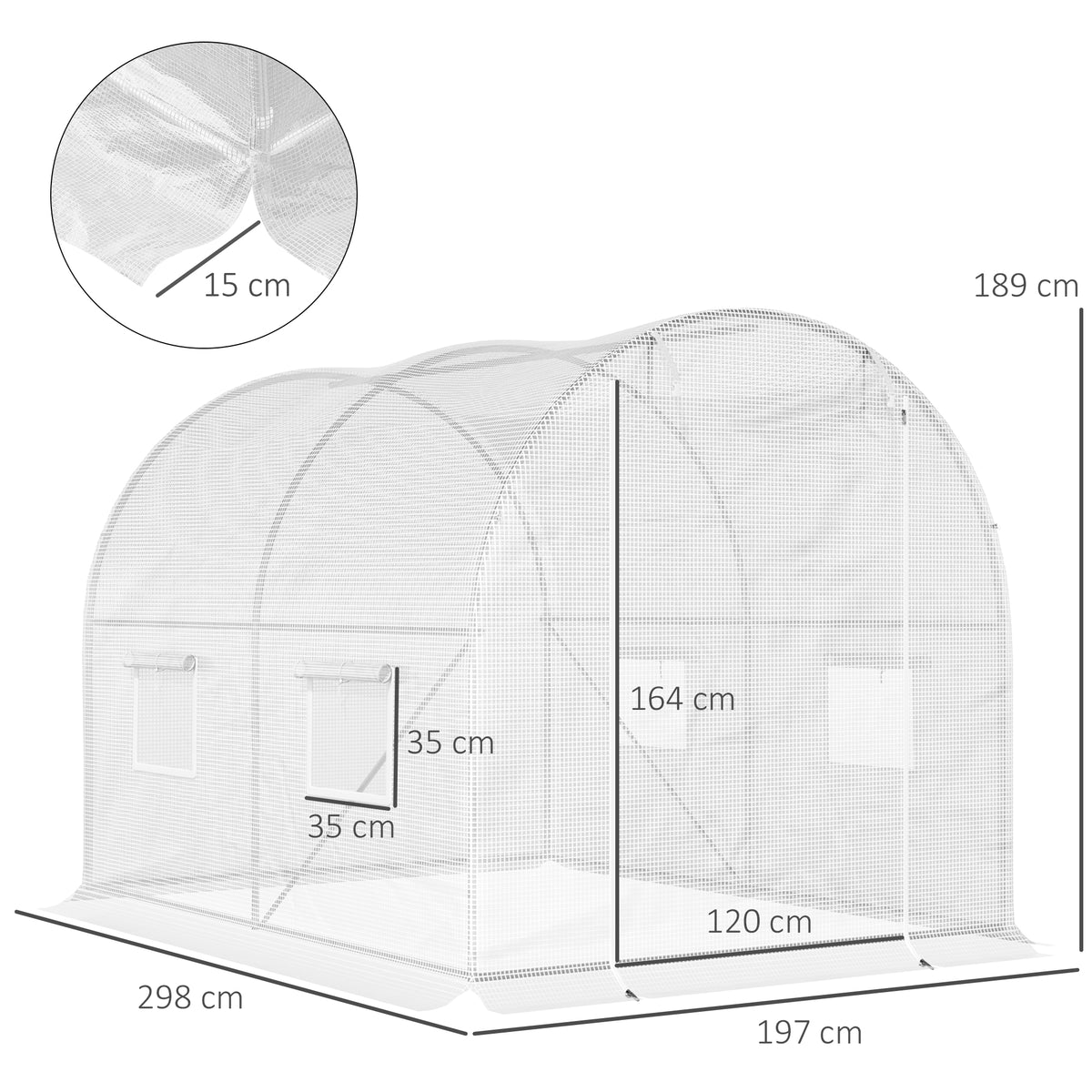 Serra da giardino a tunnel 6 m² 3L x 2P x 1,9A m Acciaio galvanizzato rinforzato diametro 2,4 cm + PE alta densità finestre Porta Bianco