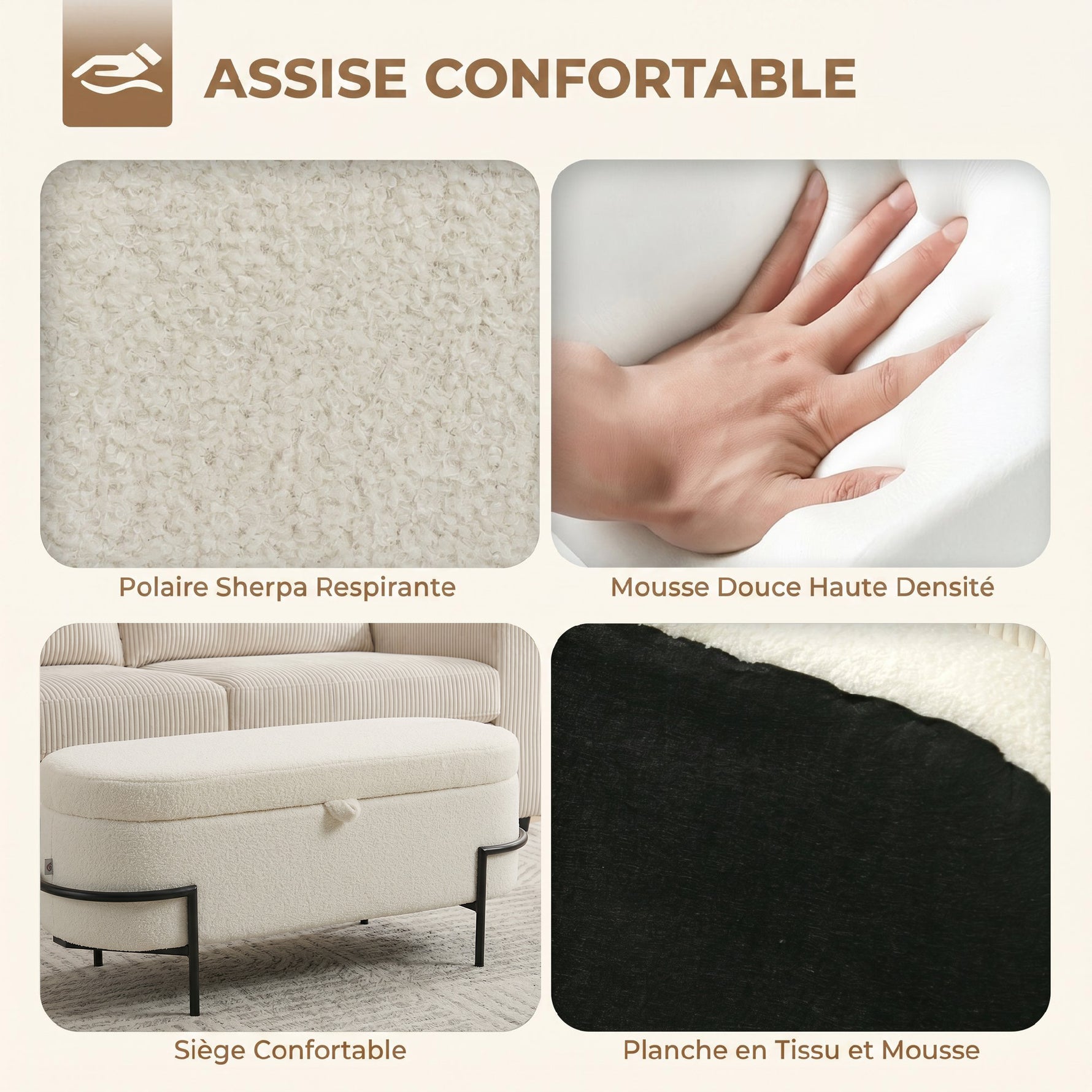 Banc de rangement, banc coffre de rangement en tissu bouclette avec couvercle relevable et pieds en acier, crème