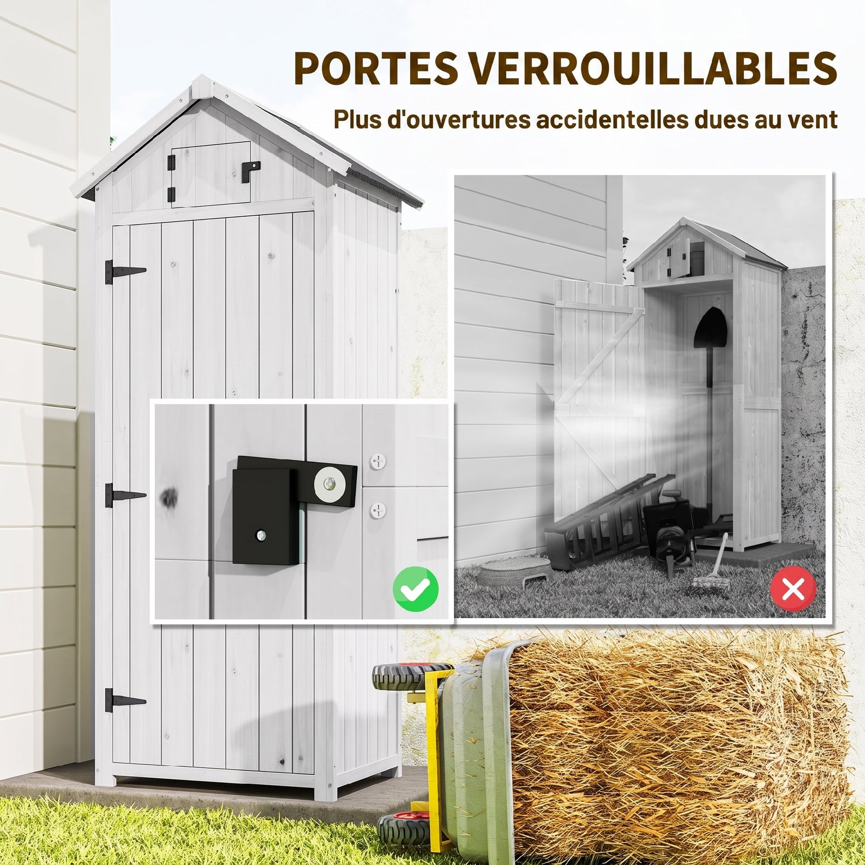 Armoire de Jardin Extérieur en Bois, Abri pour Outils, 3 Étagères, 2 Portes à Loquets, 77x54x179cm, Gris Clair