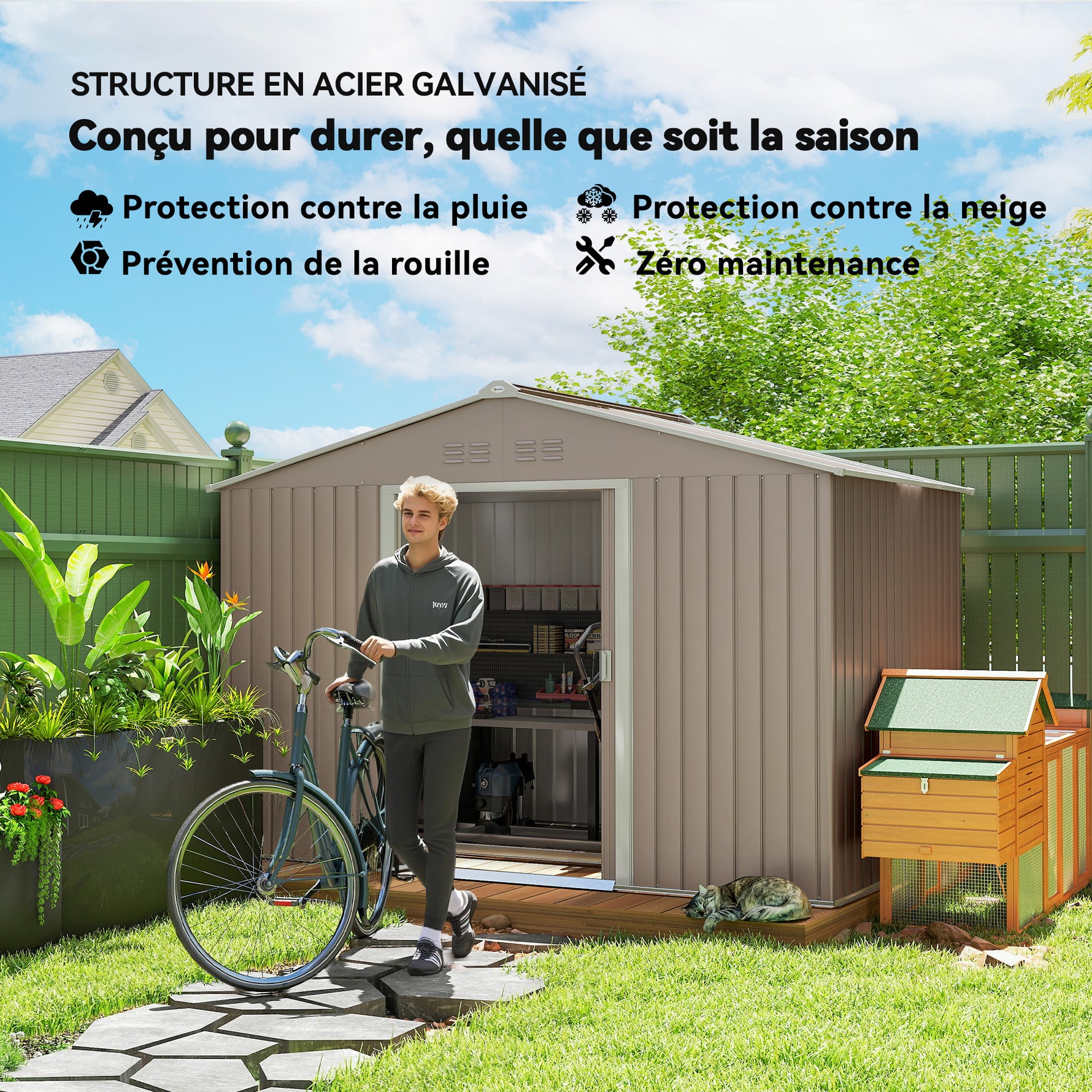 Abri de jardin 5,4 m² 2,77 x 1,95 x 1,92 m kit de fondation porte coulissante ventilations tôle acier, gris clair