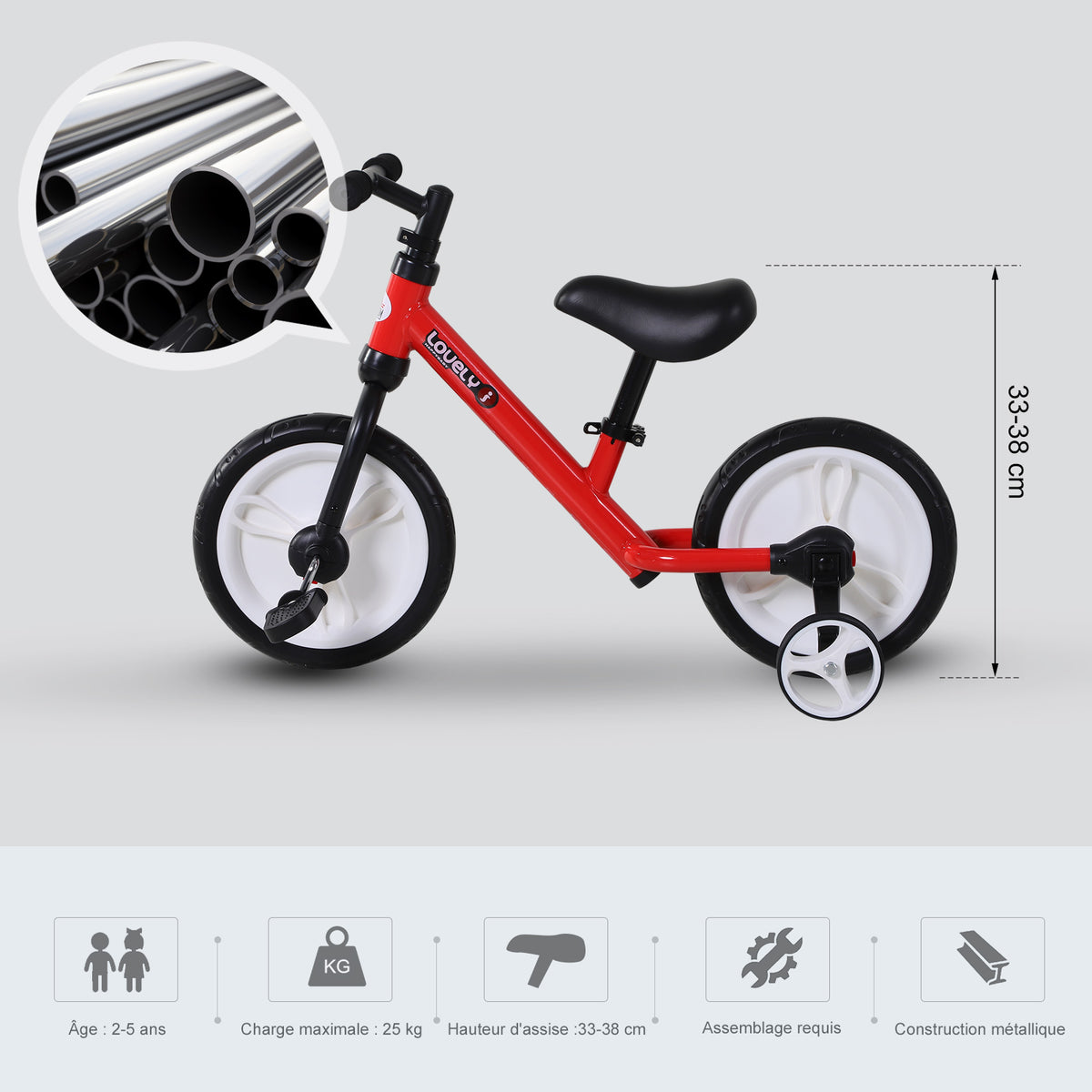 Vélo Enfant draisienne 2 en 1 roulettes et pédales Amovibles Roues 12" Hauteur Selle réglable pour enfants de 2 à 5 ans Acier Rouge