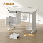 Bureau d'ordinateur, 100 x 52 x 75 cm, tablette coulissante pour clavier, tiroirs et support d'unité centrale, blanc