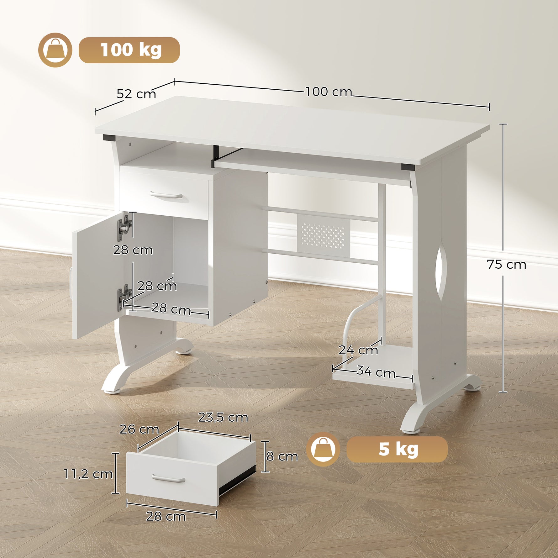 Bureau d'ordinateur, 100 x 52 x 75 cm, tablette coulissante pour clavier, tiroirs et support d'unité centrale, blanc