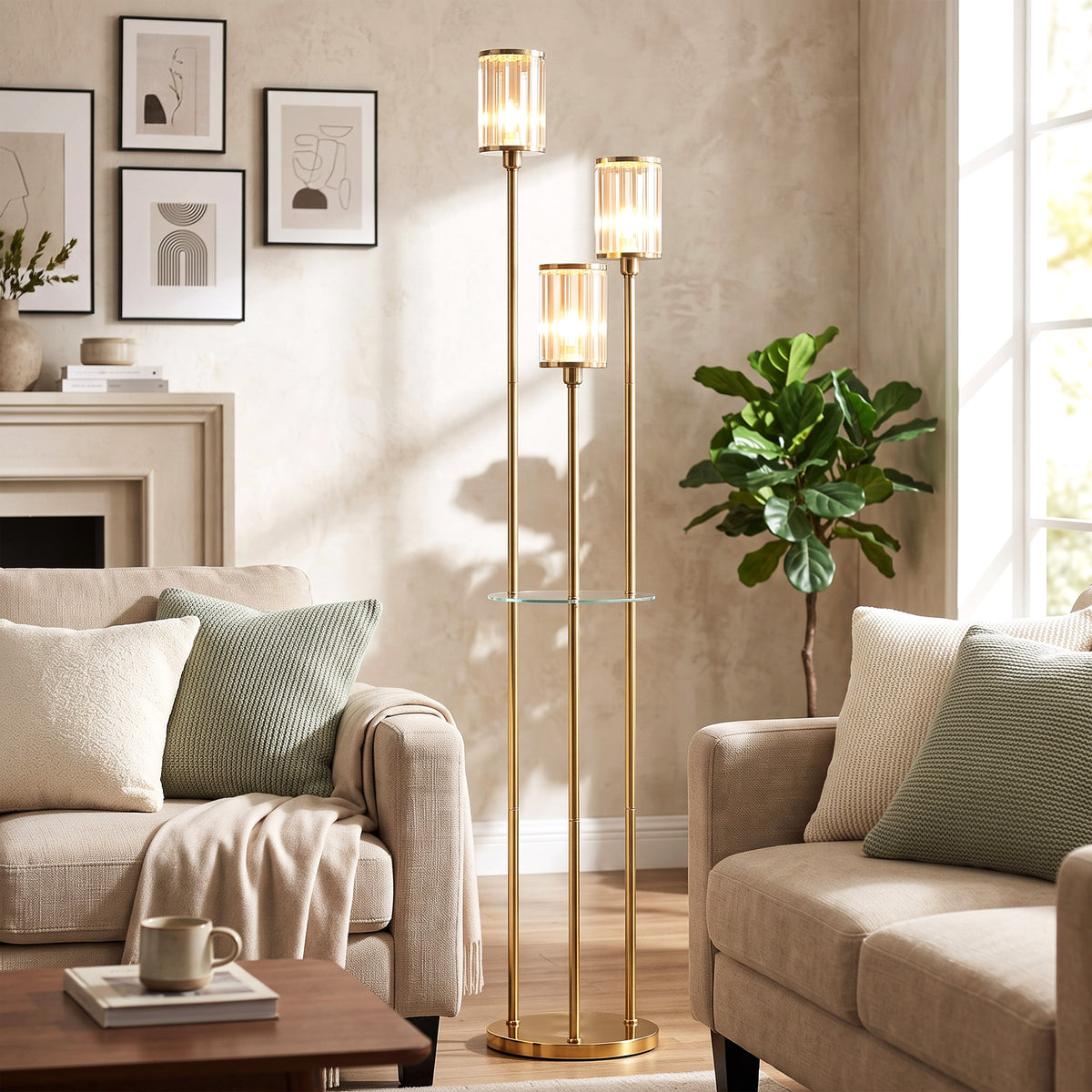 Lampadaire Étagère Verre 3 Lumières Lampe sur Pied Abat-jour Verre Doré